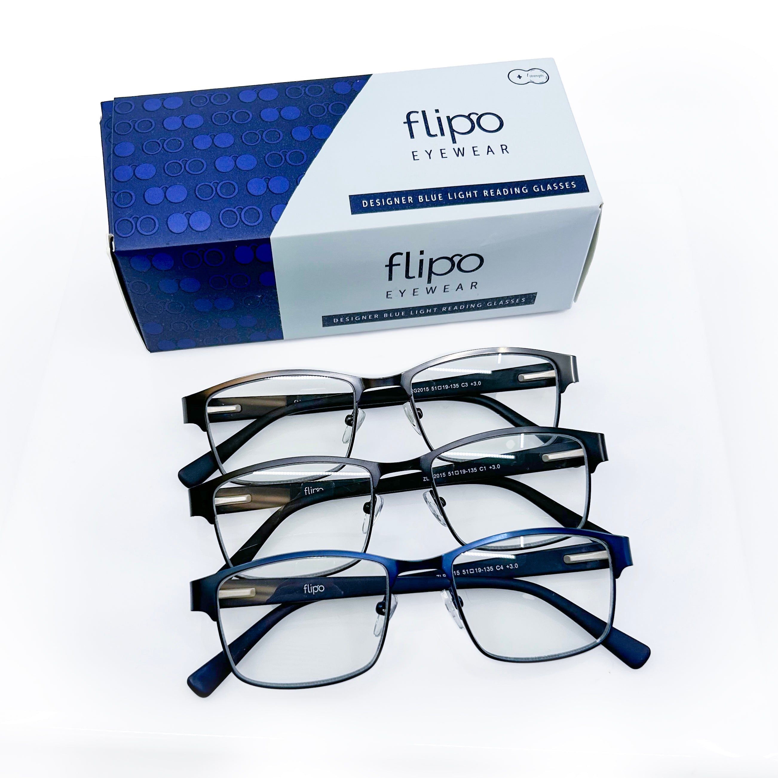 Flipo Eyewear's Blue Light Blocking Reading Glasses - 3 Pack (1 Silver, 1 Black, 1 Blue)