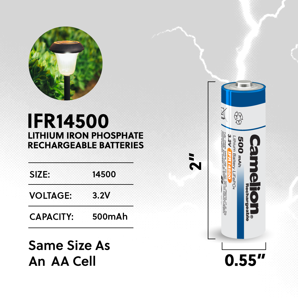 Camelion IFR14500 Lithium Iron Phosphate Rechargeable Battery 500mAh Blister Pack of 4