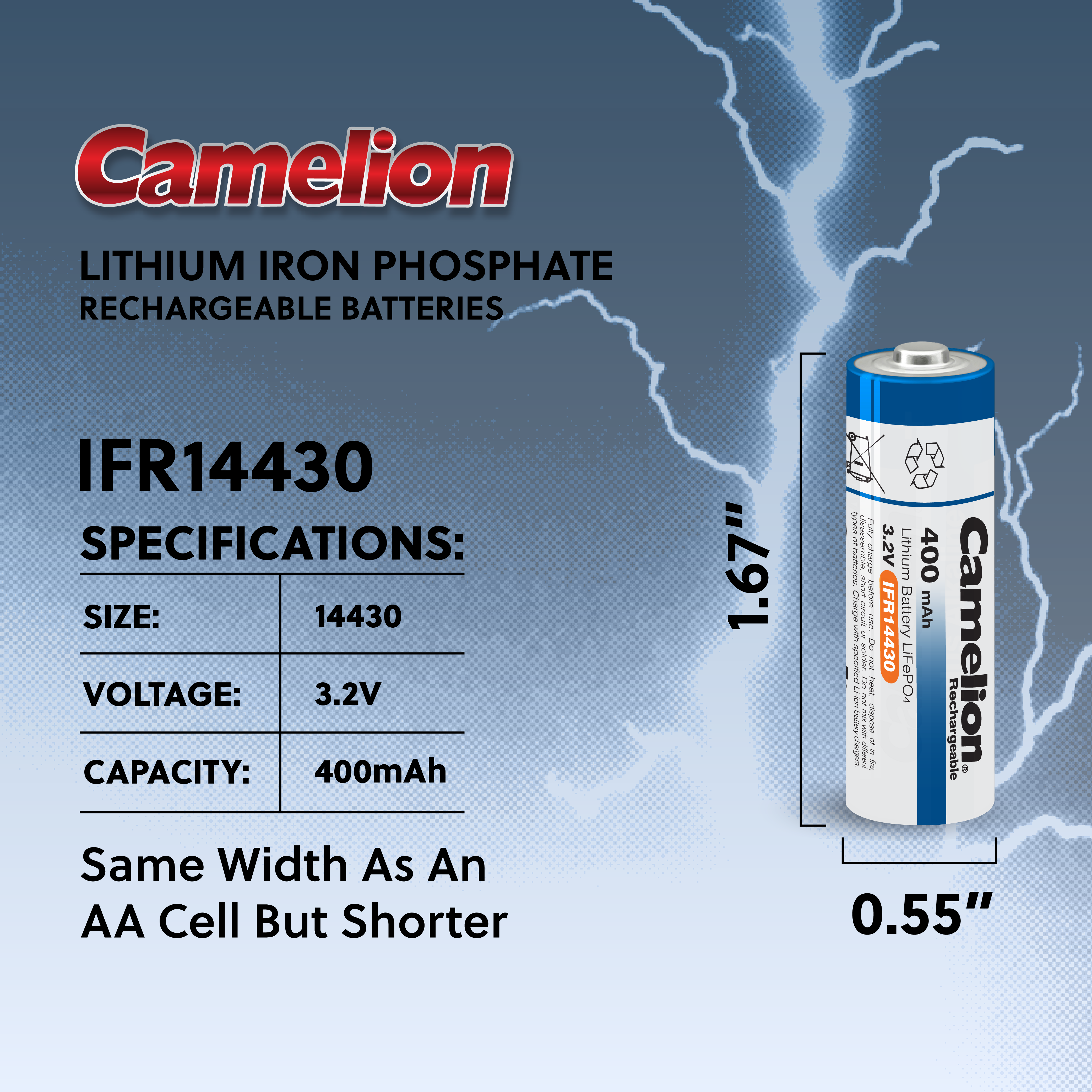 Camelion IFR14430 Lithium Iron Phosphate Rechargeable Battery 400mAh Blister Pack Of 4