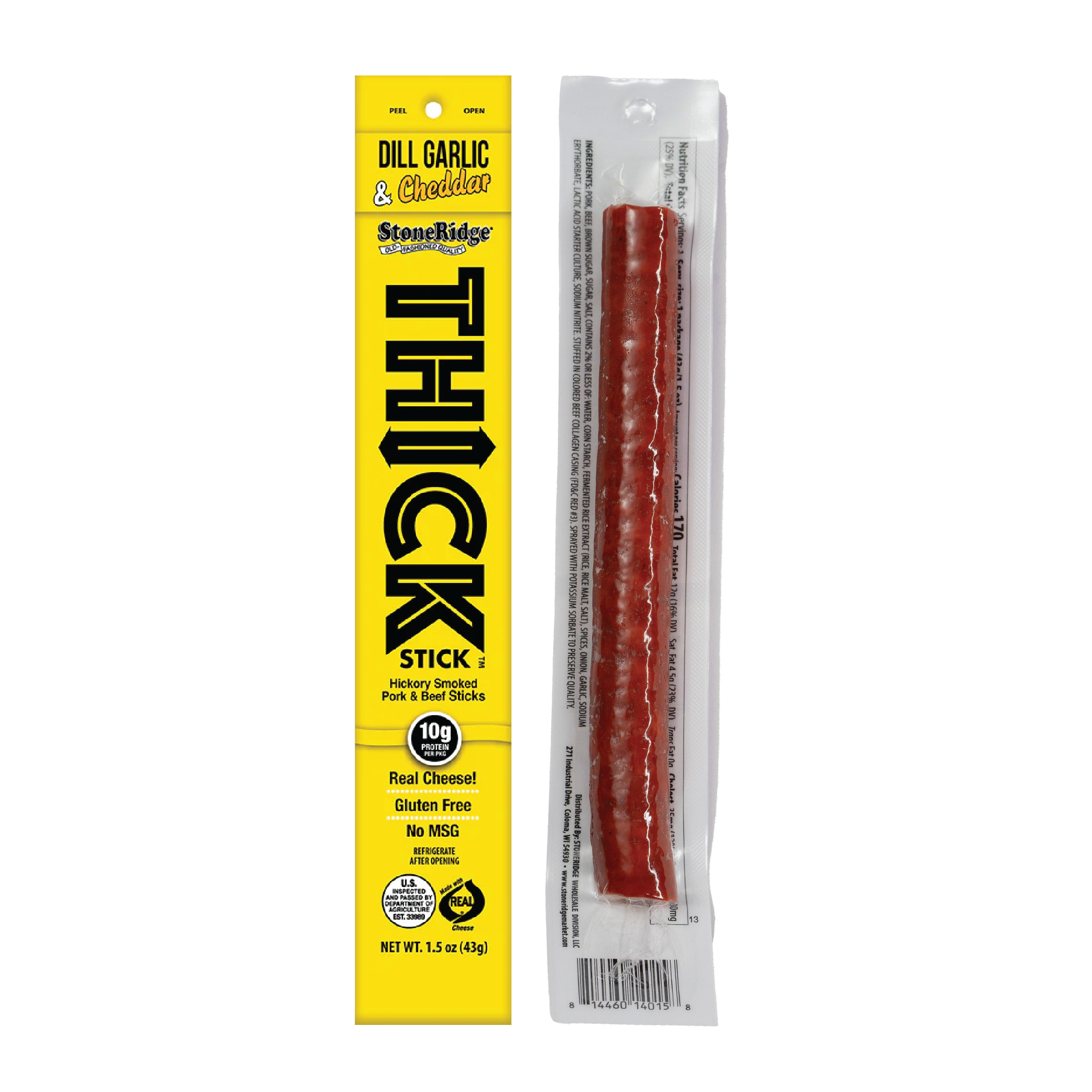 Stoneridge 1.5oz Dill Garlic & Cheddar Thick Stick - Hickory Smoked Pork & Beef Sticks