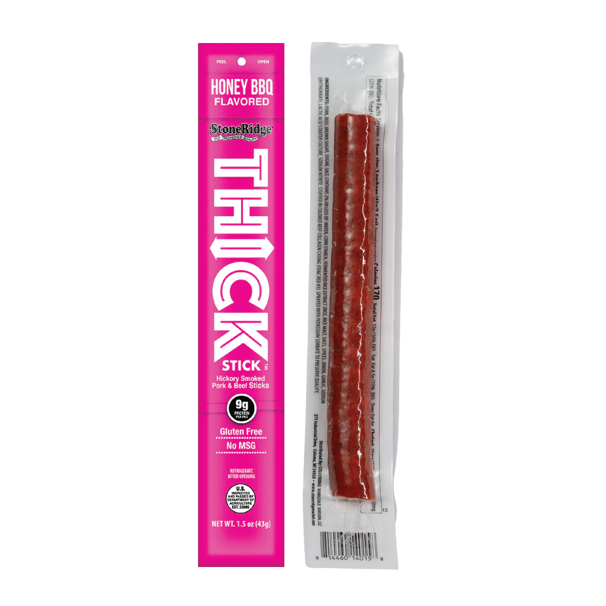 Stoneridge 1.5oz Honey BBQ Thick Stick - Hickory Smoked Pork & Beef Sticks